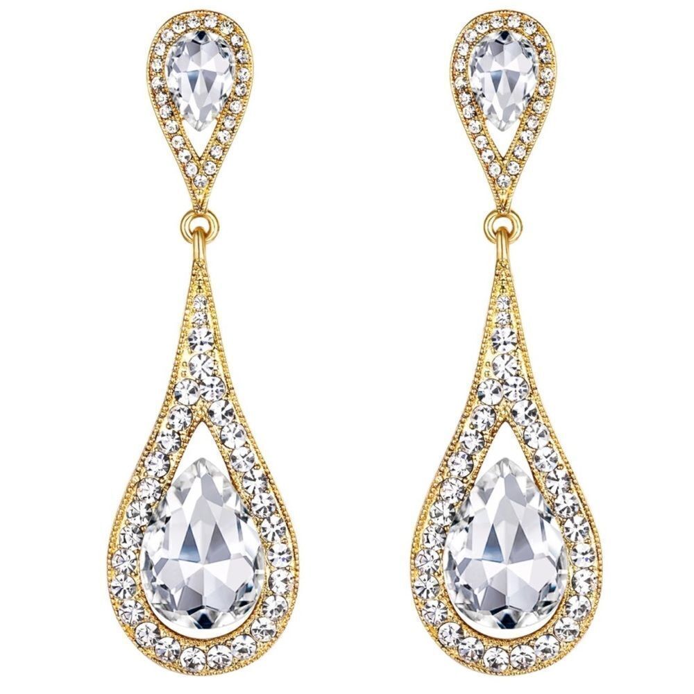 Yellow Gold with White Diamond Austrian Crystal Dual Dangling Teardrop Earrings